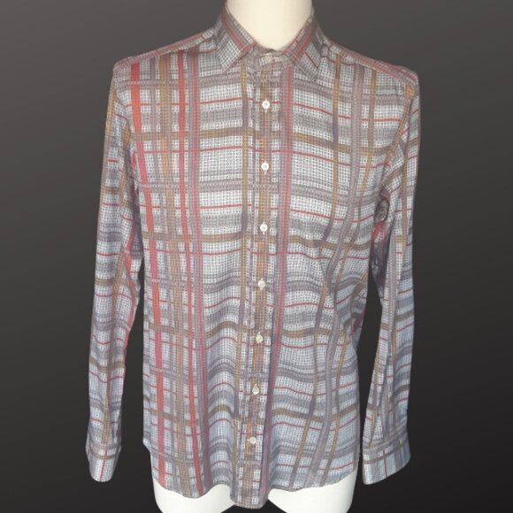 ETRO 39 SZ M Lightweight Cotton Men's Button Up Shirt, Red, Gold, Tan & Navy - Picture 1 of 15
